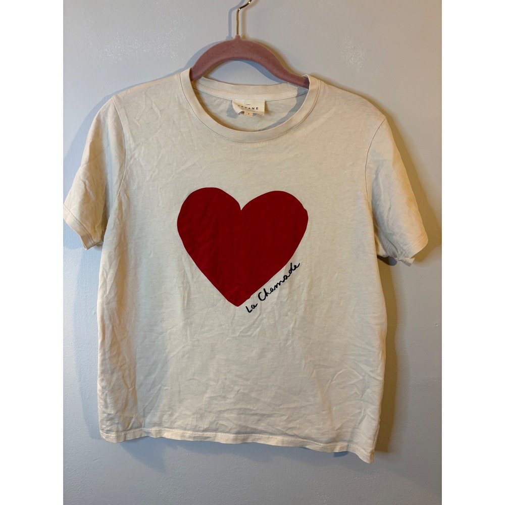 Sezane La Chamade Ivory Red Heart Tee Shirt S Paris 100% Cotton